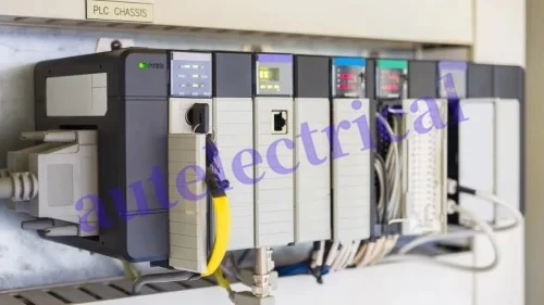 Multiple modules and interface ports in the PLC chassis.jpg